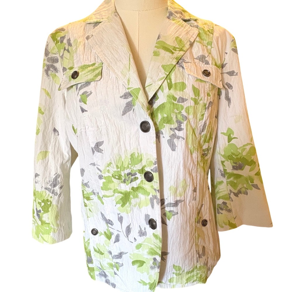 Coldwater Creek Womens P12 White Green Floral Crinkle 3/4 Sleeve Blazer Jacket